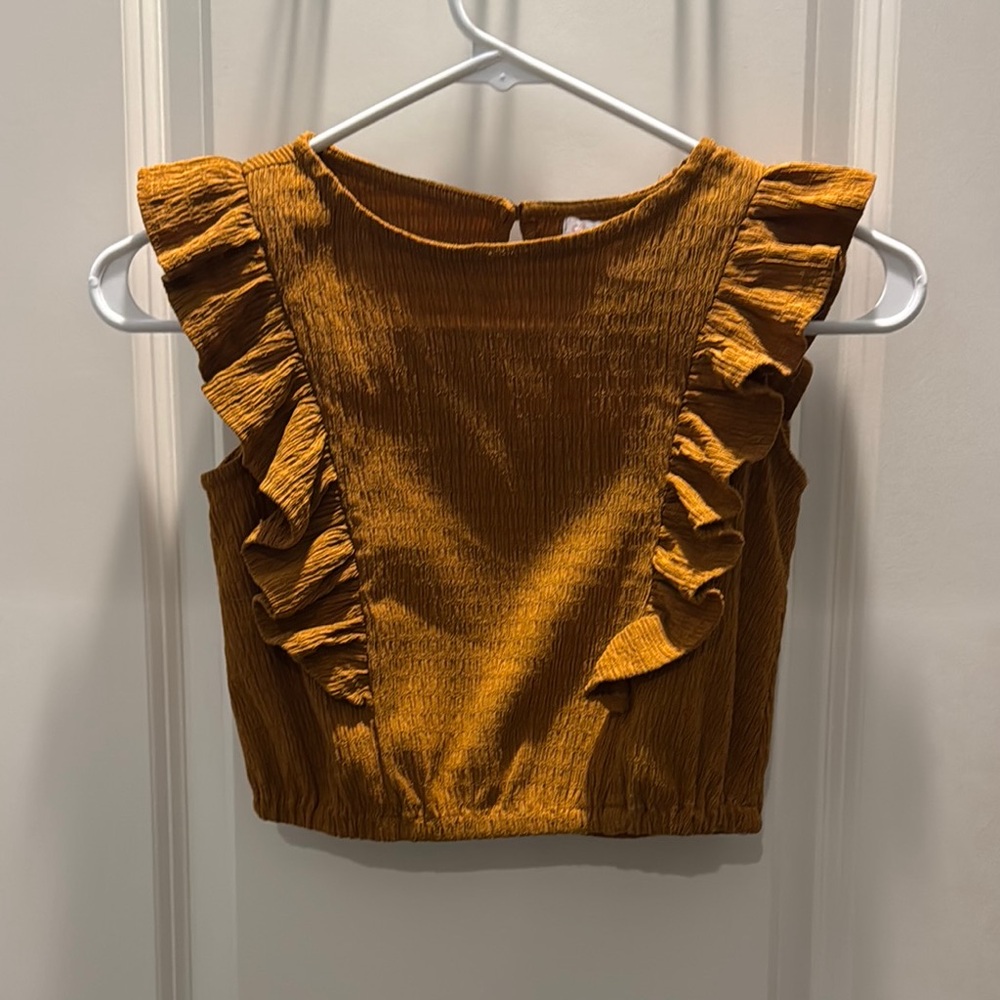 GB Girls Brown Sleeveless Ruffled Crop Blouse